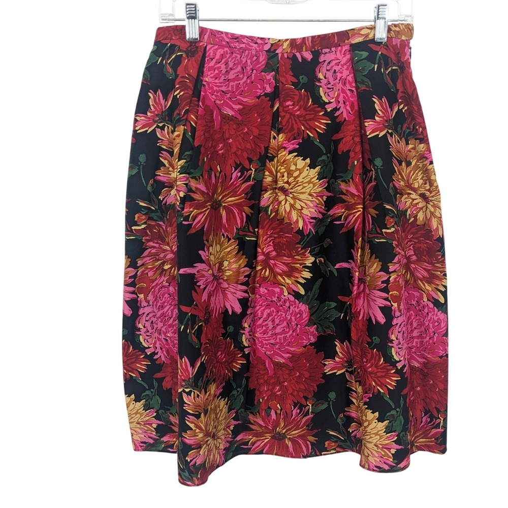 Talbots Silk Skirt Womens 8 Pink Black Floral Midi‎ A Line Full Cocktail Vintage